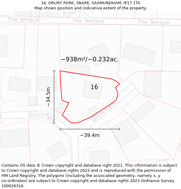 16, DRURY PARK, SNAPE, SAXMUNDHAM, IP17 1TA: Plot and title map