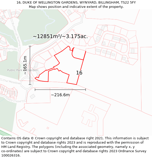 16, DUKE OF WELLINGTON GARDENS, WYNYARD, BILLINGHAM, TS22 5FY: Plot and title map