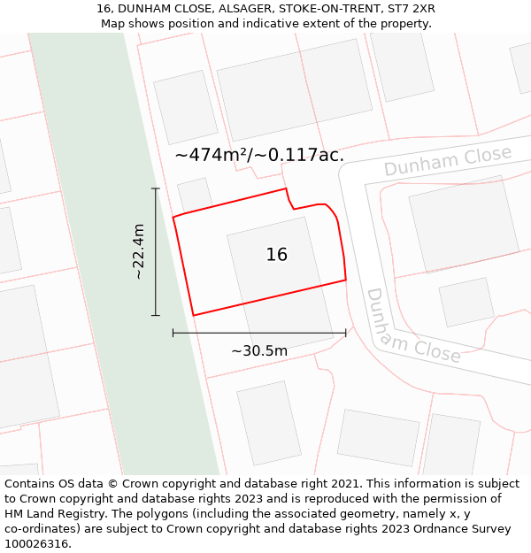 16, DUNHAM CLOSE, ALSAGER, STOKE-ON-TRENT, ST7 2XR: Plot and title map