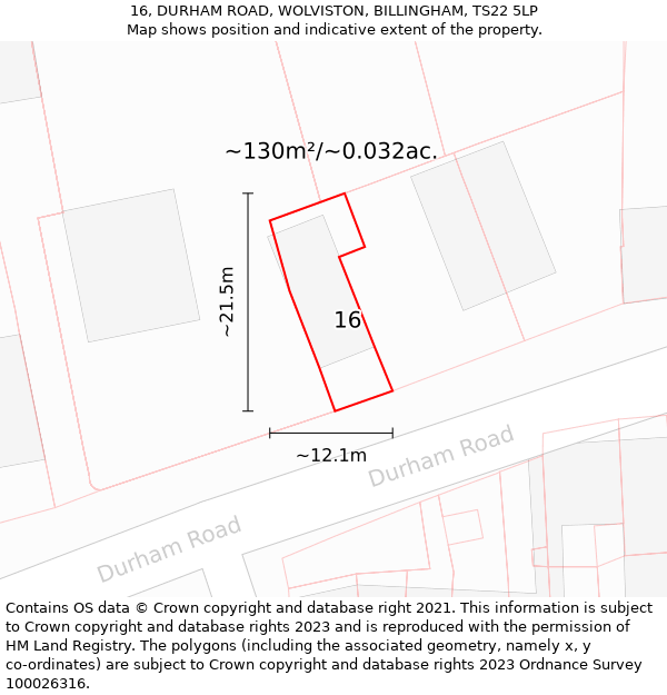 16, DURHAM ROAD, WOLVISTON, BILLINGHAM, TS22 5LP: Plot and title map