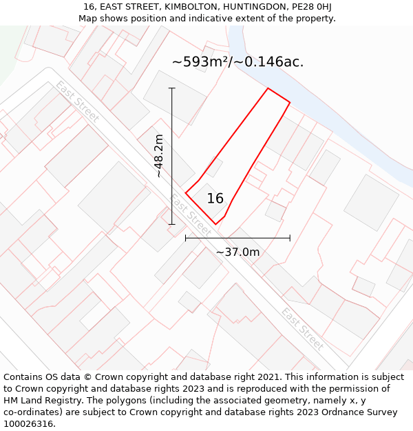 16, EAST STREET, KIMBOLTON, HUNTINGDON, PE28 0HJ: Plot and title map