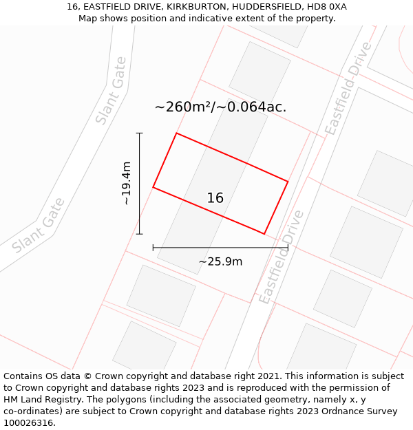 16, EASTFIELD DRIVE, KIRKBURTON, HUDDERSFIELD, HD8 0XA: Plot and title map