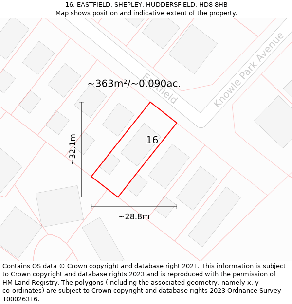 16, EASTFIELD, SHEPLEY, HUDDERSFIELD, HD8 8HB: Plot and title map