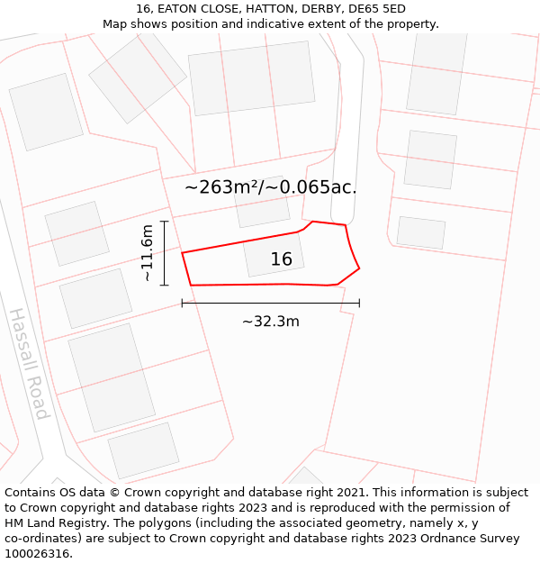 16, EATON CLOSE, HATTON, DERBY, DE65 5ED: Plot and title map