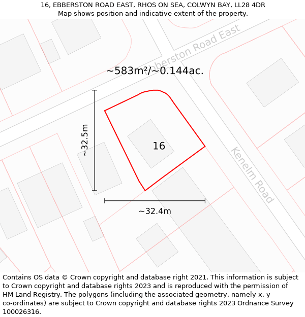 16, EBBERSTON ROAD EAST, RHOS ON SEA, COLWYN BAY, LL28 4DR: Plot and title map