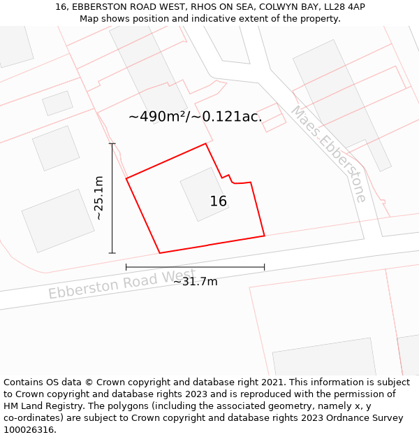 16, EBBERSTON ROAD WEST, RHOS ON SEA, COLWYN BAY, LL28 4AP: Plot and title map