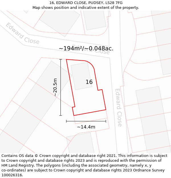 16, EDWARD CLOSE, PUDSEY, LS28 7FG: Plot and title map