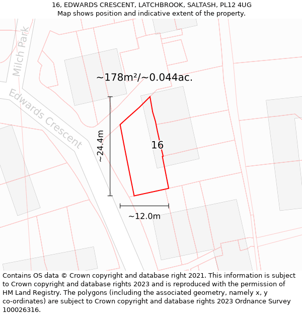 16, EDWARDS CRESCENT, LATCHBROOK, SALTASH, PL12 4UG: Plot and title map