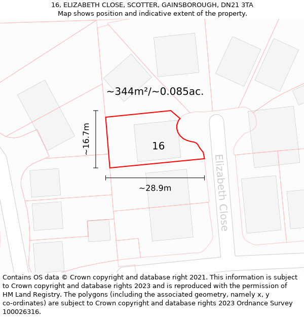 16, ELIZABETH CLOSE, SCOTTER, GAINSBOROUGH, DN21 3TA: Plot and title map