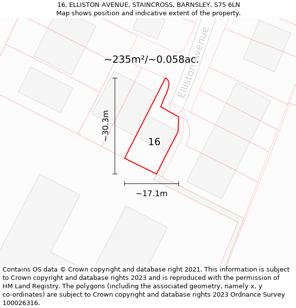 16, ELLISTON AVENUE, STAINCROSS, BARNSLEY, S75 6LN: Plot and title map