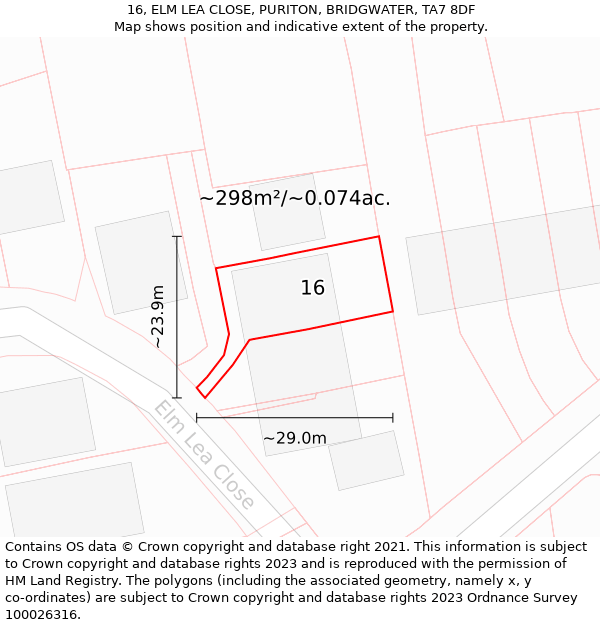 16, ELM LEA CLOSE, PURITON, BRIDGWATER, TA7 8DF: Plot and title map