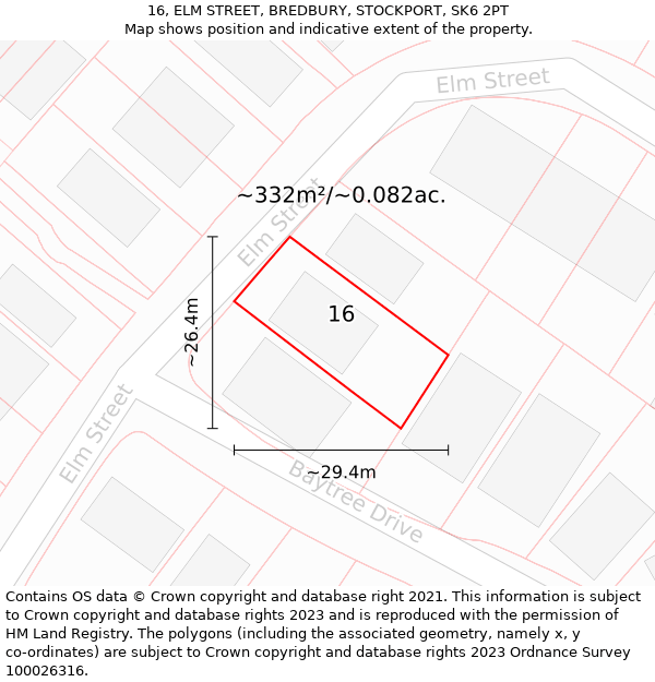 16, ELM STREET, BREDBURY, STOCKPORT, SK6 2PT: Plot and title map