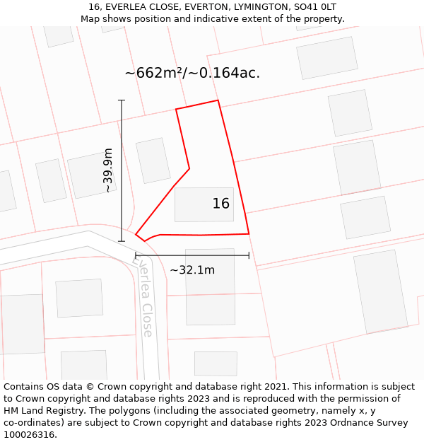 16, EVERLEA CLOSE, EVERTON, LYMINGTON, SO41 0LT: Plot and title map