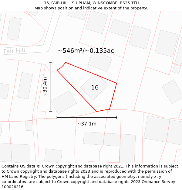 16, FAIR HILL, SHIPHAM, WINSCOMBE, BS25 1TH: Plot and title map