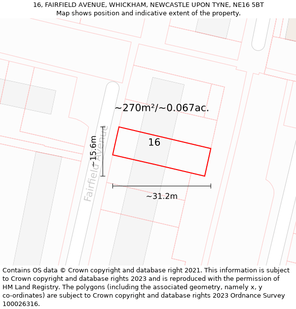 16, FAIRFIELD AVENUE, WHICKHAM, NEWCASTLE UPON TYNE, NE16 5BT: Plot and title map