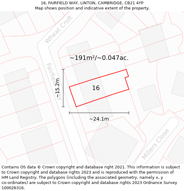 16, FAIRFIELD WAY, LINTON, CAMBRIDGE, CB21 4YP: Plot and title map