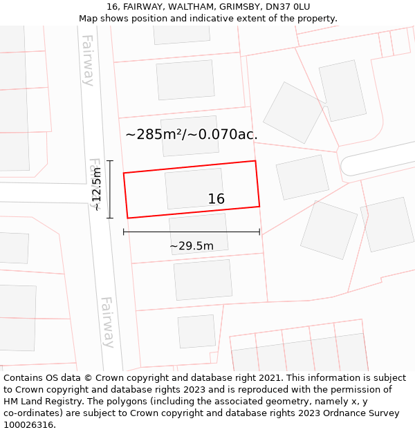 16, FAIRWAY, WALTHAM, GRIMSBY, DN37 0LU: Plot and title map