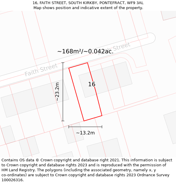 16, FAITH STREET, SOUTH KIRKBY, PONTEFRACT, WF9 3AL: Plot and title map