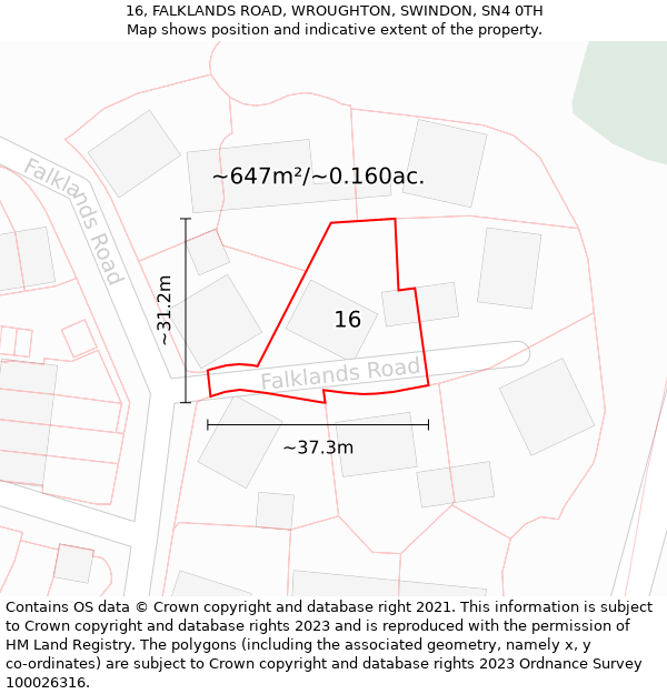 16, FALKLANDS ROAD, WROUGHTON, SWINDON, SN4 0TH: Plot and title map