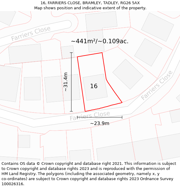 16, FARRIERS CLOSE, BRAMLEY, TADLEY, RG26 5AX: Plot and title map