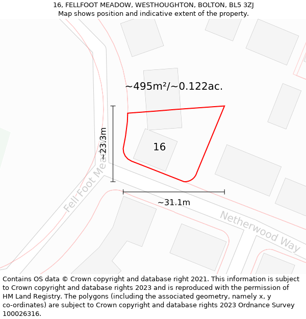 16, FELLFOOT MEADOW, WESTHOUGHTON, BOLTON, BL5 3ZJ: Plot and title map