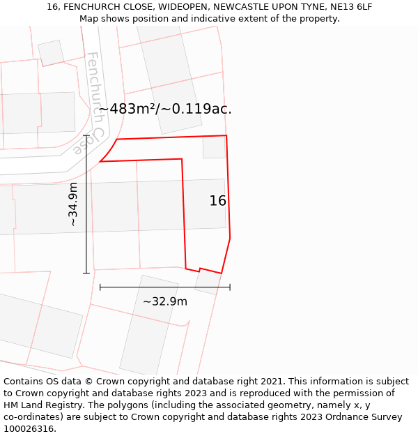 16, FENCHURCH CLOSE, WIDEOPEN, NEWCASTLE UPON TYNE, NE13 6LF: Plot and title map