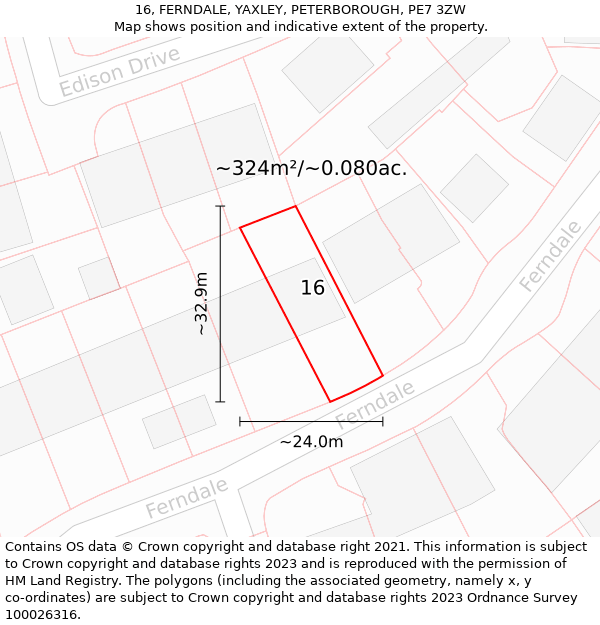 16, FERNDALE, YAXLEY, PETERBOROUGH, PE7 3ZW: Plot and title map