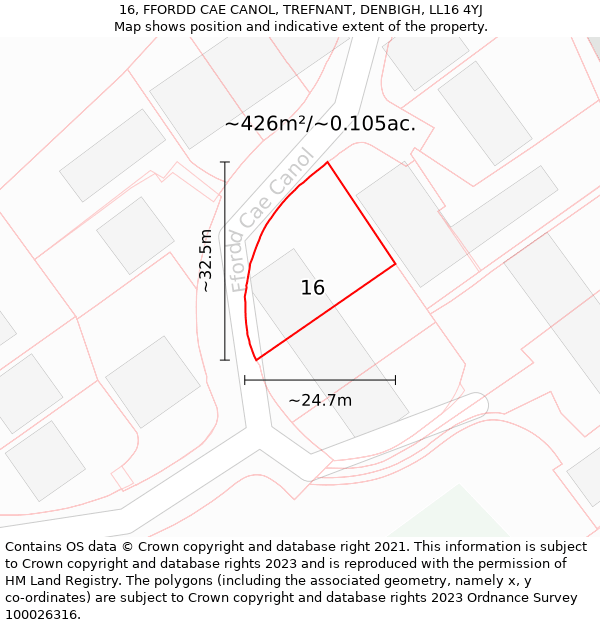 16, FFORDD CAE CANOL, TREFNANT, DENBIGH, LL16 4YJ: Plot and title map