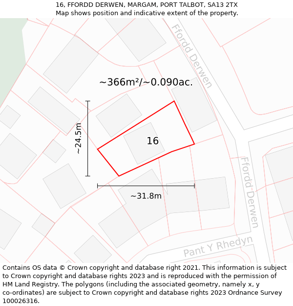 16, FFORDD DERWEN, MARGAM, PORT TALBOT, SA13 2TX: Plot and title map