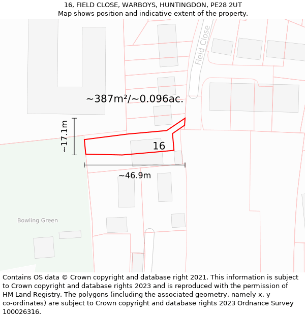 16, FIELD CLOSE, WARBOYS, HUNTINGDON, PE28 2UT: Plot and title map