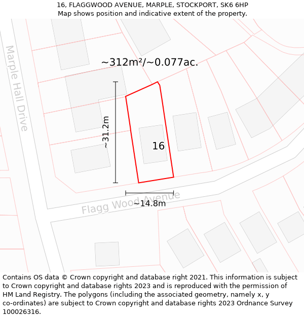 16, FLAGGWOOD AVENUE, MARPLE, STOCKPORT, SK6 6HP: Plot and title map