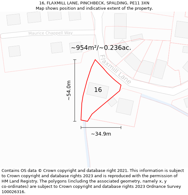 16, FLAXMILL LANE, PINCHBECK, SPALDING, PE11 3XN: Plot and title map