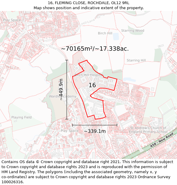 16, FLEMING CLOSE, ROCHDALE, OL12 9RL: Plot and title map