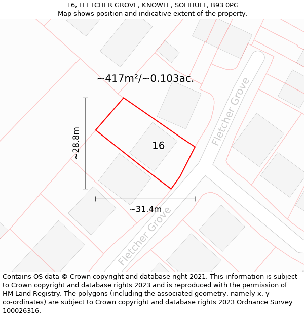 16, FLETCHER GROVE, KNOWLE, SOLIHULL, B93 0PG: Plot and title map