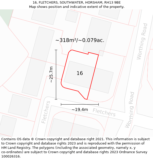 16, FLETCHERS, SOUTHWATER, HORSHAM, RH13 9BE: Plot and title map