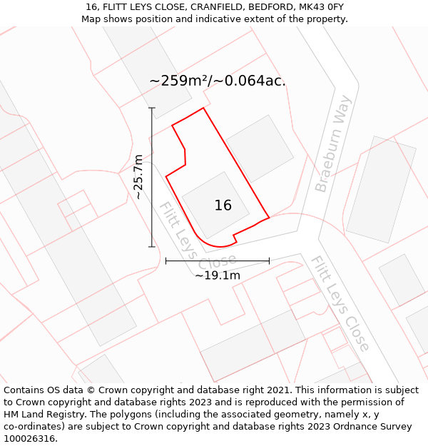 16, FLITT LEYS CLOSE, CRANFIELD, BEDFORD, MK43 0FY: Plot and title map