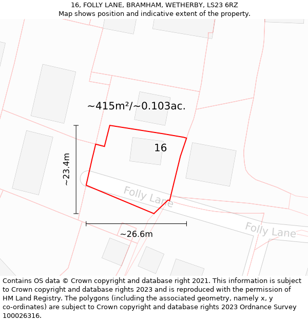 16, FOLLY LANE, BRAMHAM, WETHERBY, LS23 6RZ: Plot and title map