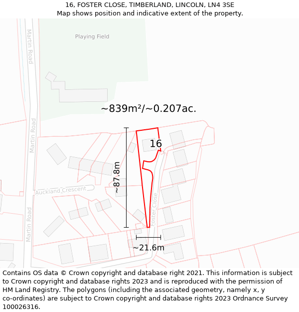 16, FOSTER CLOSE, TIMBERLAND, LINCOLN, LN4 3SE: Plot and title map