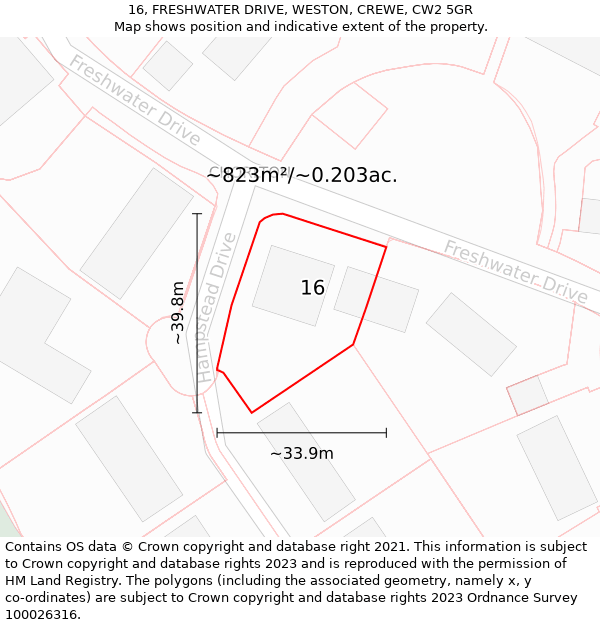 16, FRESHWATER DRIVE, WESTON, CREWE, CW2 5GR: Plot and title map