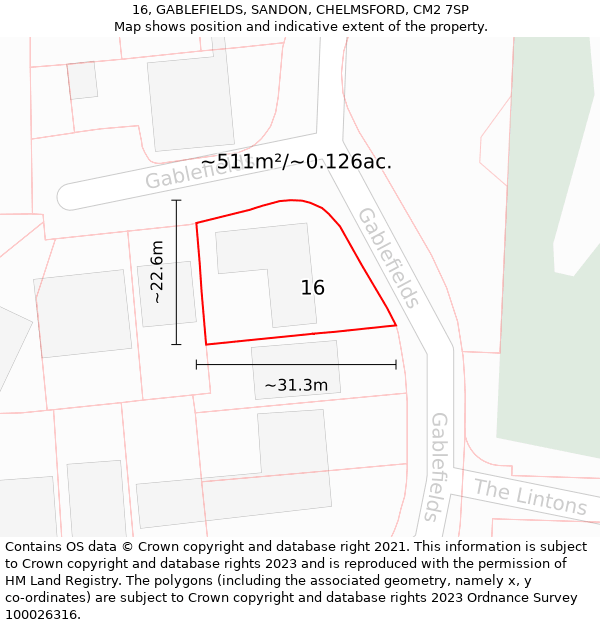 16, GABLEFIELDS, SANDON, CHELMSFORD, CM2 7SP: Plot and title map