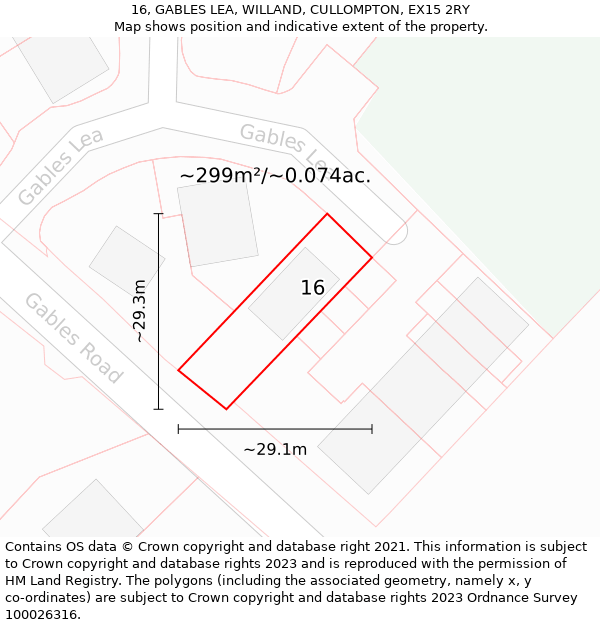 16, GABLES LEA, WILLAND, CULLOMPTON, EX15 2RY: Plot and title map