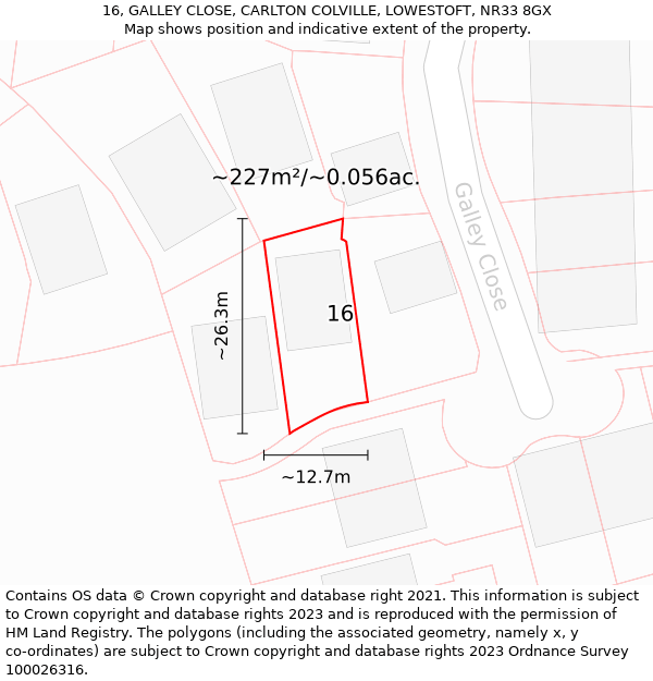 16, GALLEY CLOSE, CARLTON COLVILLE, LOWESTOFT, NR33 8GX: Plot and title map