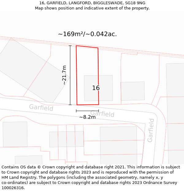 16, GARFIELD, LANGFORD, BIGGLESWADE, SG18 9NG: Plot and title map