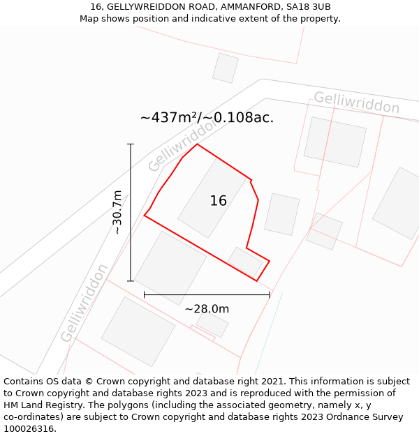 16, GELLYWREIDDON ROAD, AMMANFORD, SA18 3UB: Plot and title map