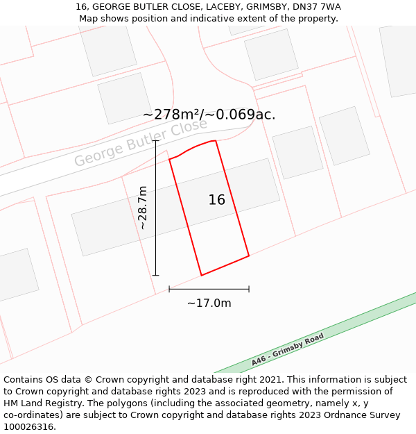 16, GEORGE BUTLER CLOSE, LACEBY, GRIMSBY, DN37 7WA: Plot and title map