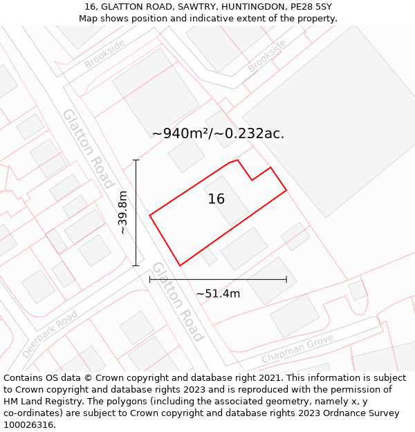 16, GLATTON ROAD, SAWTRY, HUNTINGDON, PE28 5SY: Plot and title map