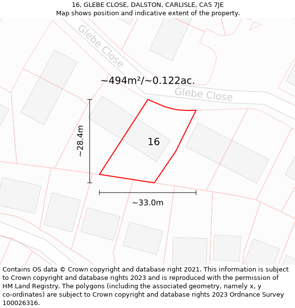 16, GLEBE CLOSE, DALSTON, CARLISLE, CA5 7JE: Plot and title map