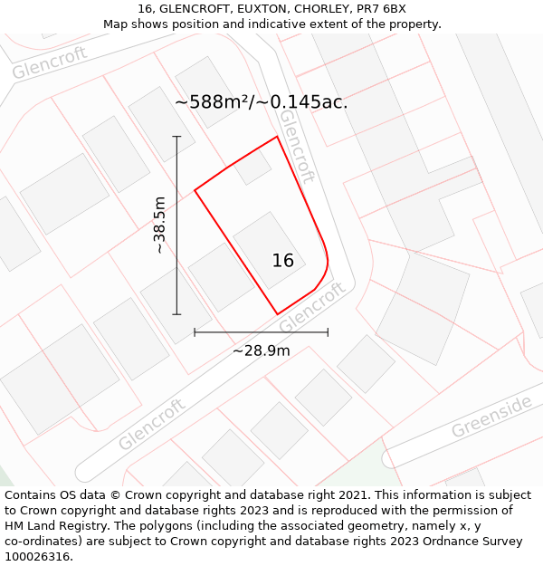 16, GLENCROFT, EUXTON, CHORLEY, PR7 6BX: Plot and title map