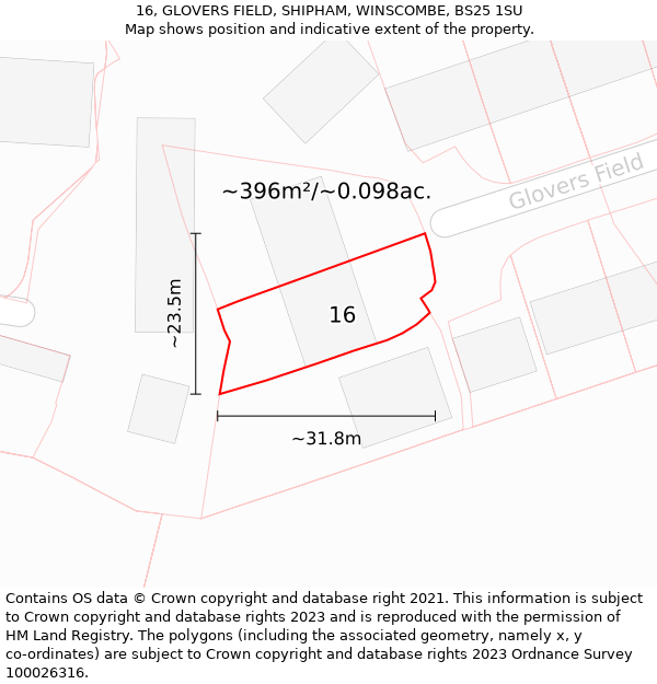 16, GLOVERS FIELD, SHIPHAM, WINSCOMBE, BS25 1SU: Plot and title map