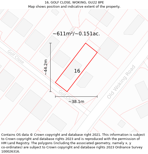 16, GOLF CLOSE, WOKING, GU22 8PE: Plot and title map